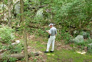 Rick Seavey taking a GPS point on the Harkening Hill Trail, Peaks of Otter, Blue Ridge Parkway.